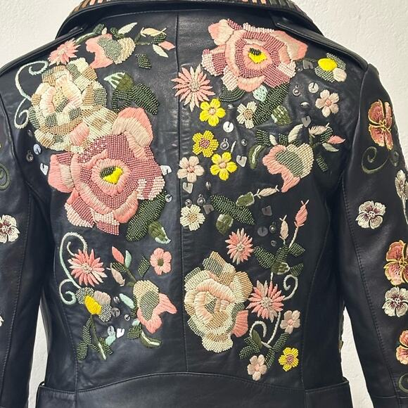 Alice + Olivia Cody Embroidered Leather Jacket size US XS Black Floral Moto - Picture 8 of 16